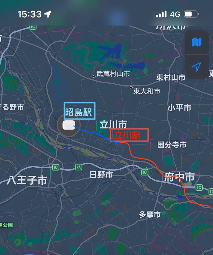 南武線で紛失したAirPods Pro2がGPS上で昭島駅付近に表示されている地図画面