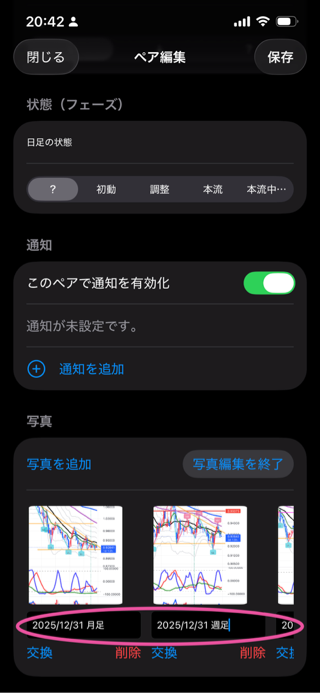 写真ごとにラベルを付けて月足・週足などを区別する画面