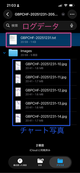 エクスポートされたフォルダ内にログファイルとImagesフォルダがある画面
