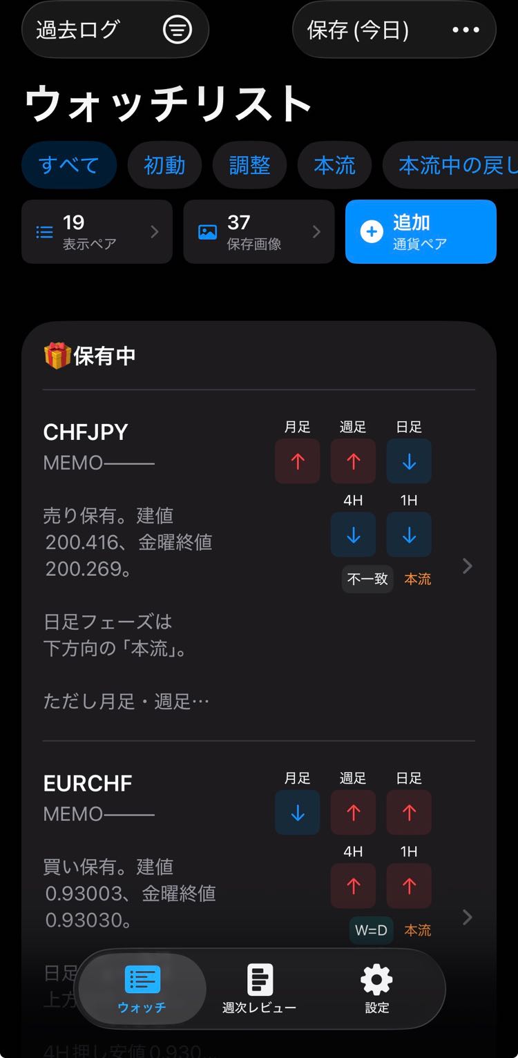 TradePlan開発版のウォッチ・週次レビュー・設定の3タブ画面