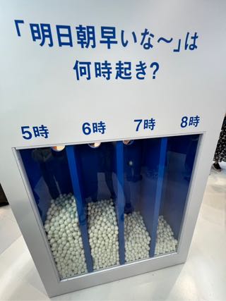 5時・6時・7時・8時の投票結果をボールの数で比較する展示