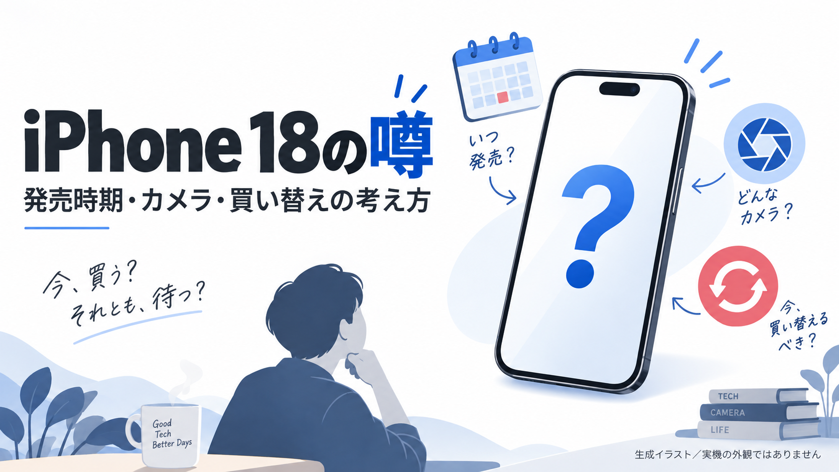 iPhone 18の発売時期やカメラの噂を考える生成イラスト。実機の外観ではありません。