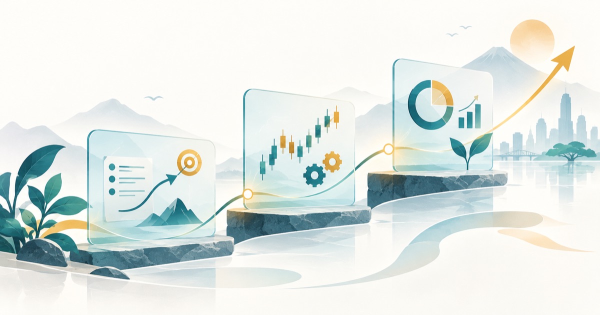 TradePlanとTradeCheckで計画・実行・振り返りをつなぐ流れを表したイラスト